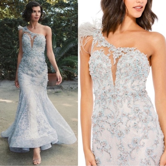MAC DUGGAL 79264 EMBROIDERED FEATHERED ONE SHOULDER CRYSTAL BLUE GOWN 10NEW $998 - Picture 1 of 17